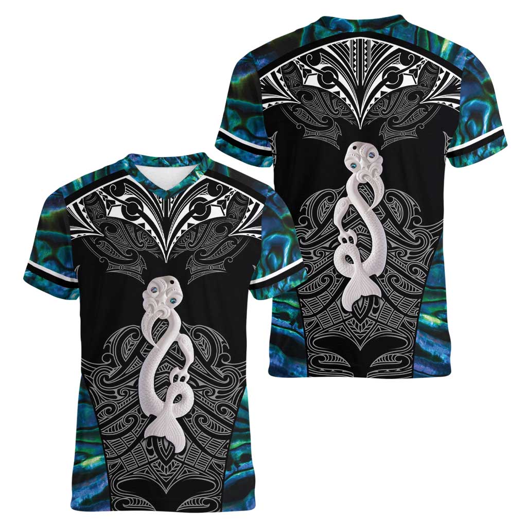 New Zealand Aotearoa Women V-Neck T-Shirt Maori Taniwha Paua Shell LT05 - Polynesian Pride