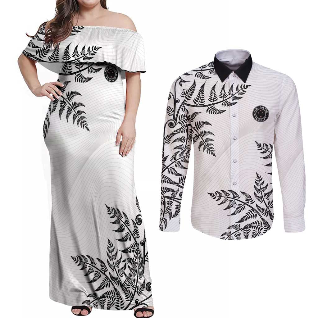 Custom New Zealand Football Couples Matching Off Shoulder Maxi Dress and Long Sleeve Button Shirt Aotearoa Pride LT05 White - Polynesian Pride