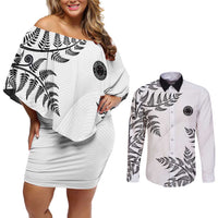 Custom New Zealand Football Couples Matching Off Shoulder Short Dress and Long Sleeve Button Shirt Aotearoa Pride LT05 White - Polynesian Pride