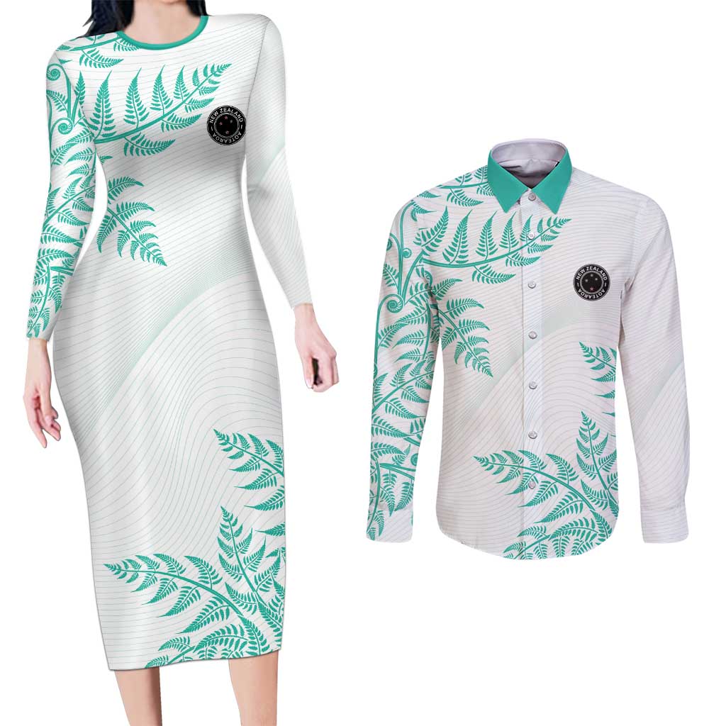 Custom New Zealand Football Couples Matching Long Sleeve Bodycon Dress and Long Sleeve Button Shirt Aotearoa Pride Aqua Version LT05 Aqua - Polynesian Pride