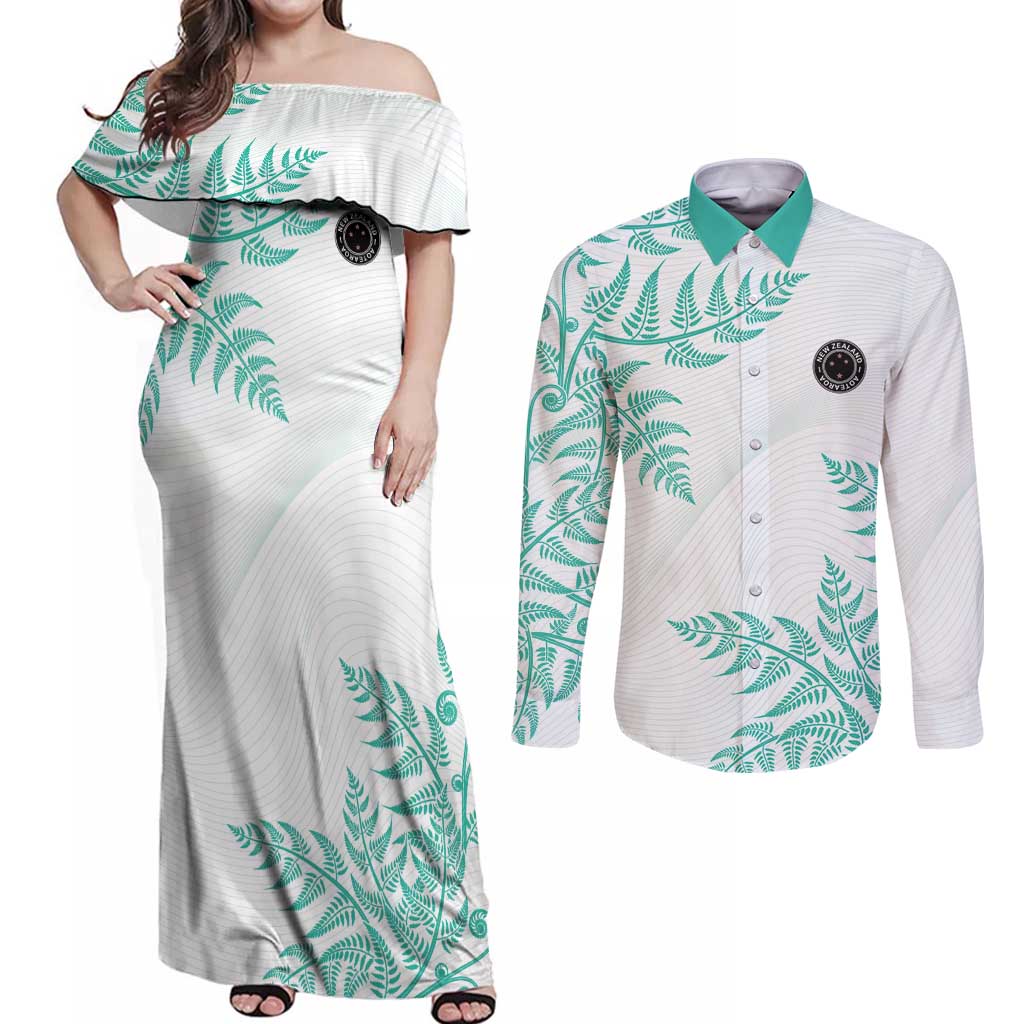 Custom New Zealand Football Couples Matching Off Shoulder Maxi Dress and Long Sleeve Button Shirt Aotearoa Pride Aqua Version LT05 Aqua - Polynesian Pride
