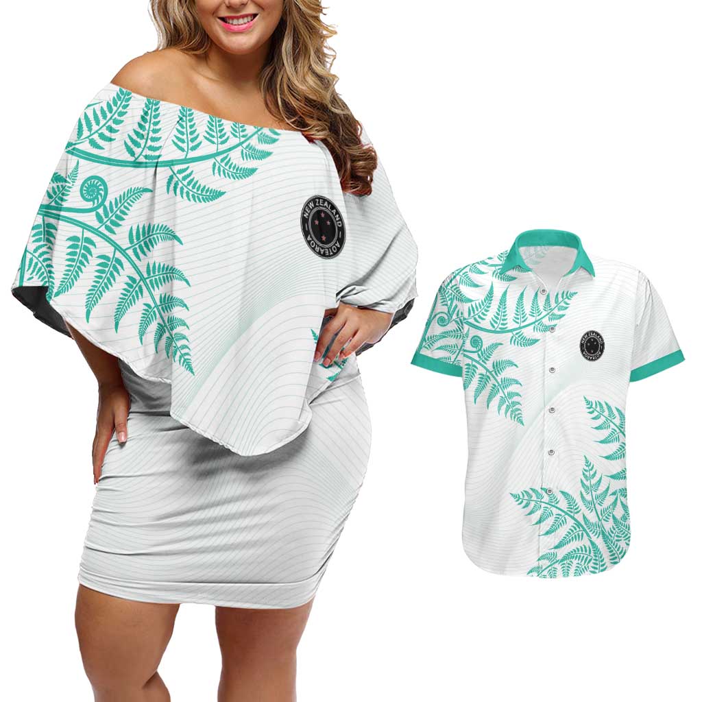Custom New Zealand Football Couples Matching Off Shoulder Short Dress and Hawaiian Shirt Aotearoa Pride Aqua Version LT05 Aqua - Polynesian Pride