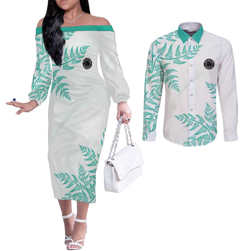 Custom New Zealand Football Couples Matching Off The Shoulder Long Sleeve Dress and Long Sleeve Button Shirt Aotearoa Pride Aqua Version LT05 Aqua - Polynesian Pride