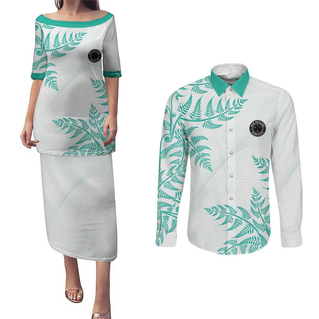 Custom New Zealand Football Couples Matching Puletasi and Long Sleeve Button Shirt Aotearoa Pride Aqua Version LT05 Aqua - Polynesian Pride