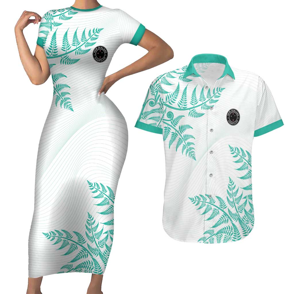 Custom New Zealand Football Couples Matching Short Sleeve Bodycon Dress and Hawaiian Shirt Aotearoa Pride Aqua Version - Polynesian Pride