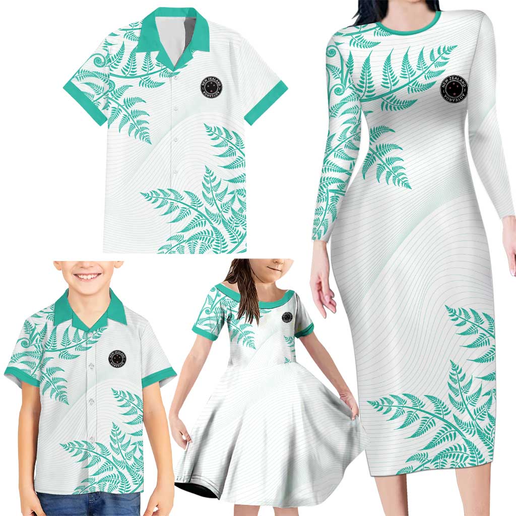 Custom New Zealand Football Family Matching Long Sleeve Bodycon Dress and Hawaiian Shirt Aotearoa Pride Aqua Version LT05 - Polynesian Pride
