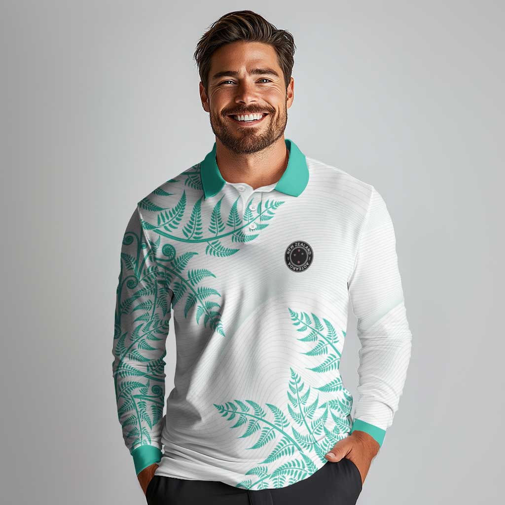 Custom New Zealand Football Long Sleeve Polo Shirt Aotearoa Pride Aqua Version LT05 - Polynesian Pride