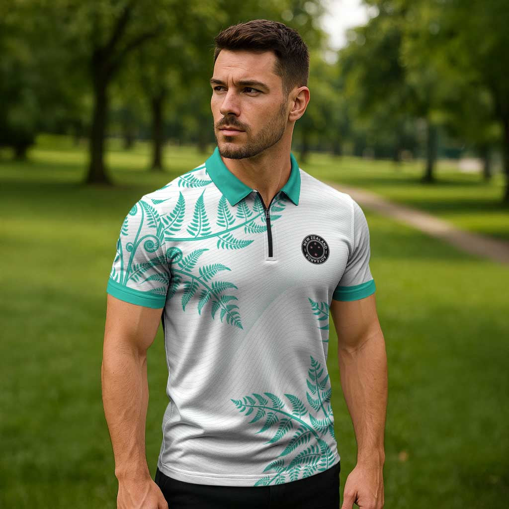 Custom New Zealand Football Zipper Polo Shirt Aotearoa Pride Aqua Version LT05 - Polynesian Pride