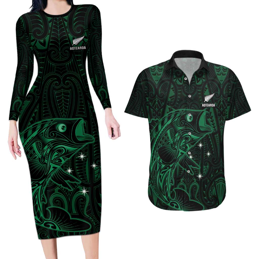 Custom New Zealand Fishing Couples Matching Long Sleeve Bodycon Dress and Hawaiian Shirt Maori Tribal Pattern LT05 Black - Polynesian Pride