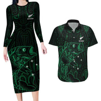 Custom New Zealand Fishing Couples Matching Long Sleeve Bodycon Dress and Hawaiian Shirt Maori Tribal Pattern LT05 Black - Polynesian Pride