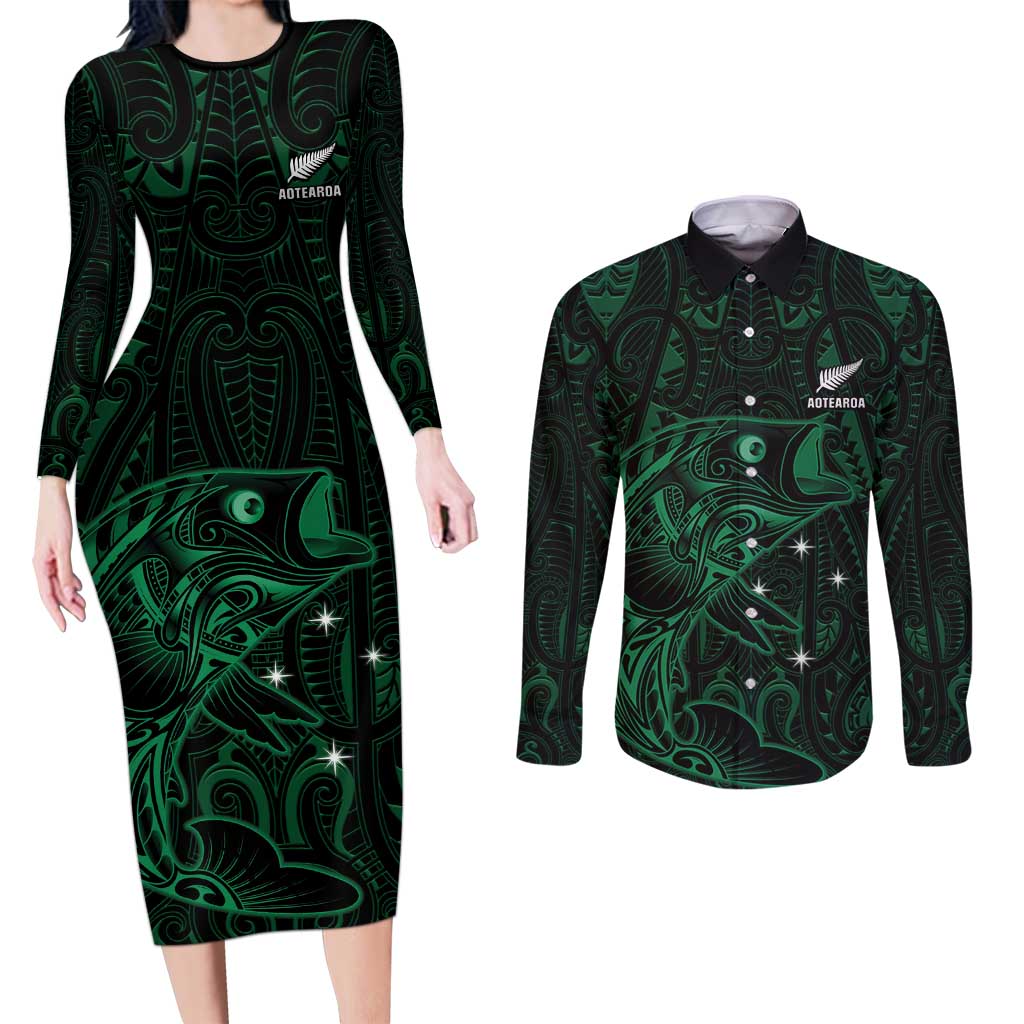 Custom New Zealand Fishing Couples Matching Long Sleeve Bodycon Dress and Long Sleeve Button Shirt Maori Tribal Pattern LT05 Black - Polynesian Pride