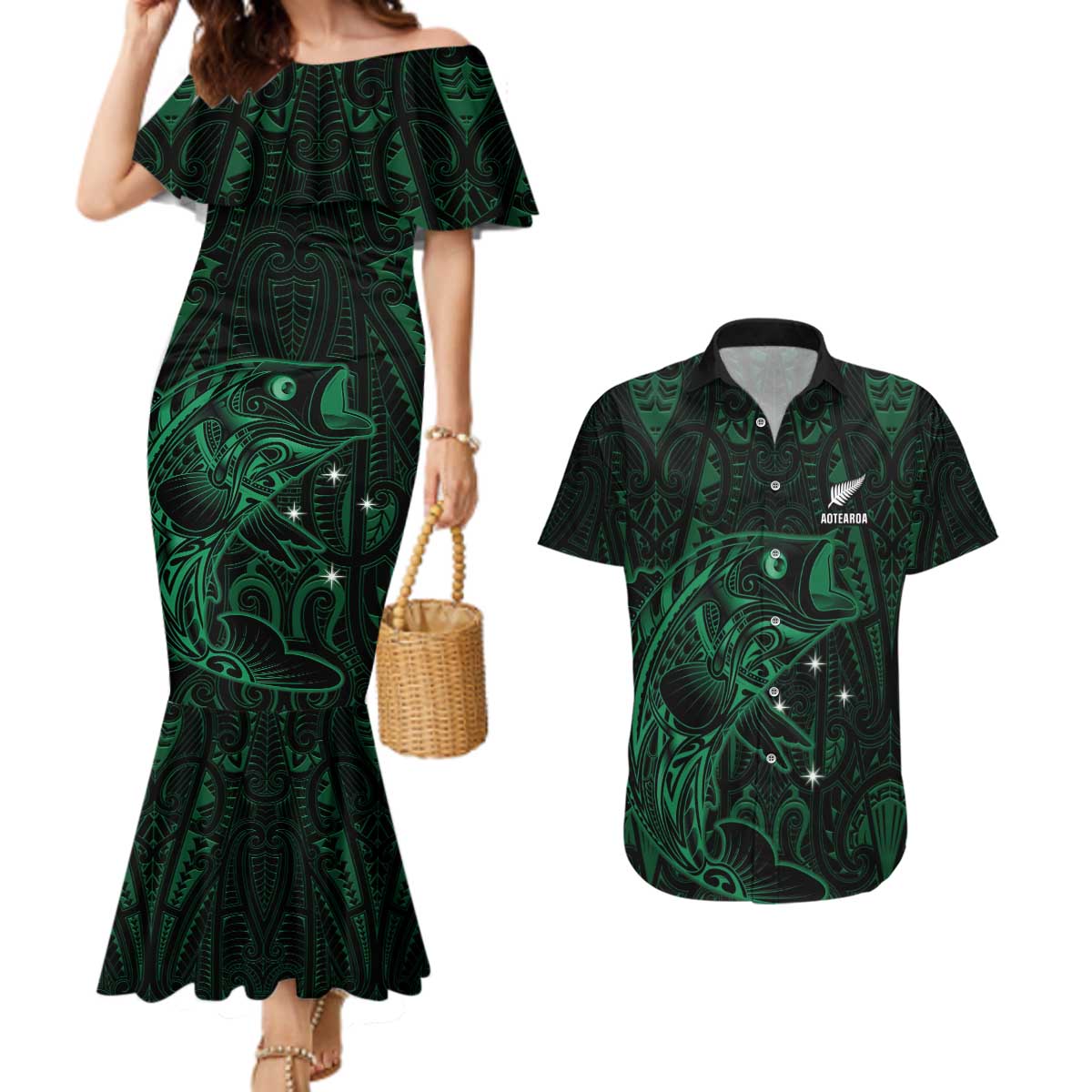 Custom New Zealand Fishing Couples Matching Mermaid Dress and Hawaiian Shirt Maori Tribal Pattern - Polynesian Pride
