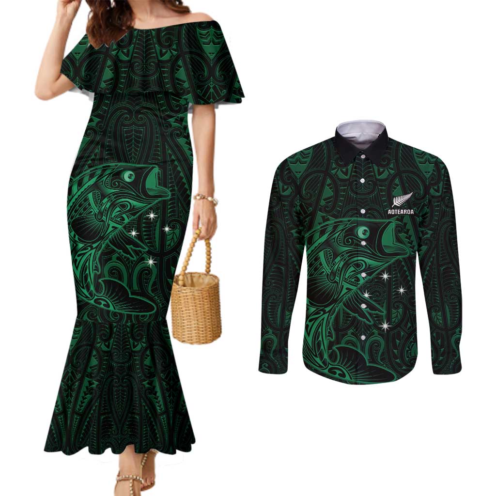 Custom New Zealand Fishing Couples Matching Mermaid Dress and Long Sleeve Button Shirt Maori Tribal Pattern LT05 Black - Polynesian Pride