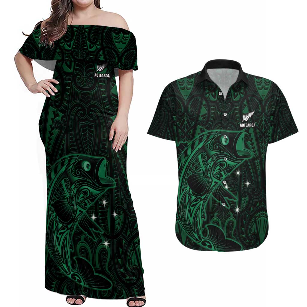 Custom New Zealand Fishing Couples Matching Off Shoulder Maxi Dress and Hawaiian Shirt Maori Tribal Pattern LT05 Black - Polynesian Pride