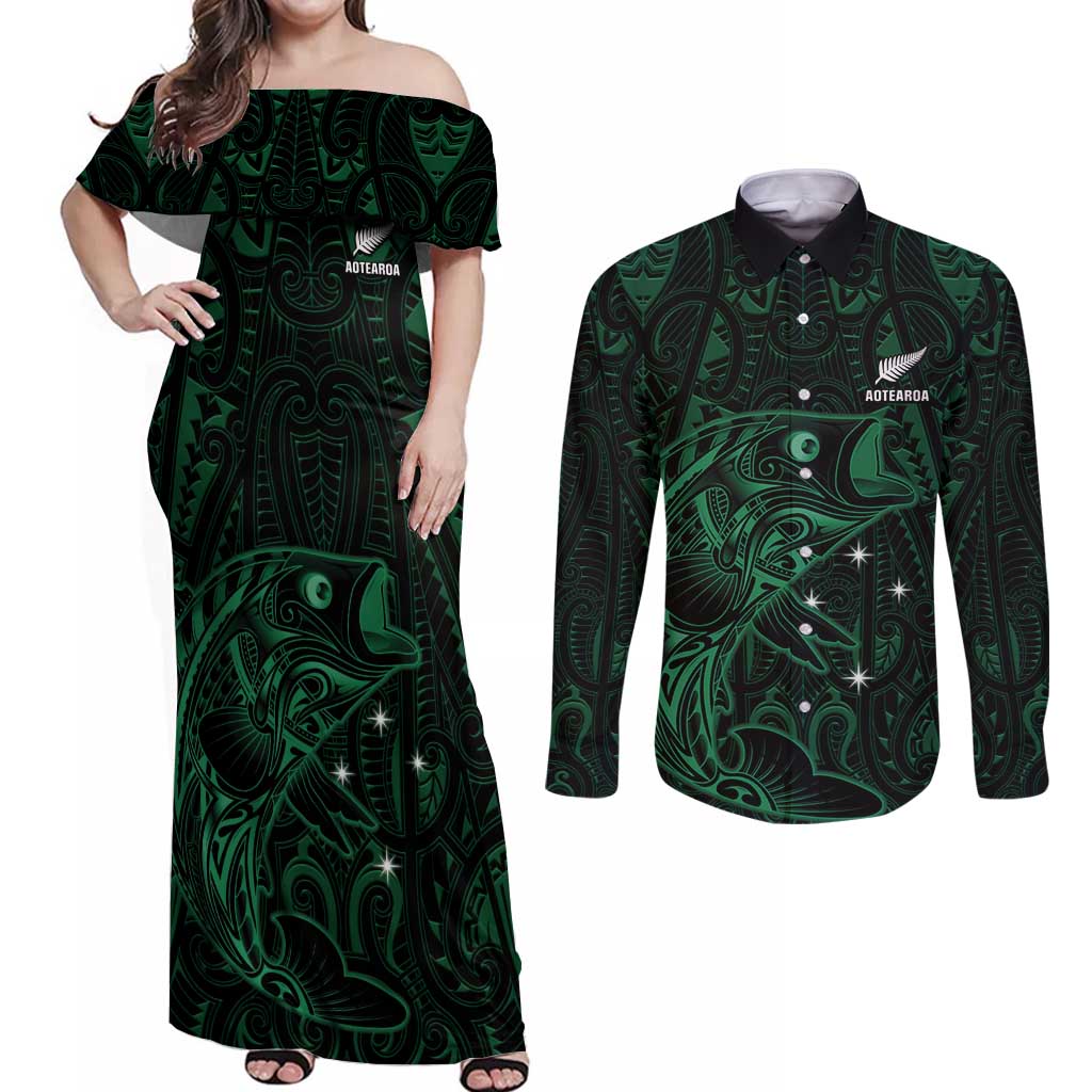 Custom New Zealand Fishing Couples Matching Off Shoulder Maxi Dress and Long Sleeve Button Shirt Maori Tribal Pattern LT05 Black - Polynesian Pride