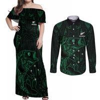 Custom New Zealand Fishing Couples Matching Off Shoulder Maxi Dress and Long Sleeve Button Shirt Maori Tribal Pattern LT05 Black - Polynesian Pride
