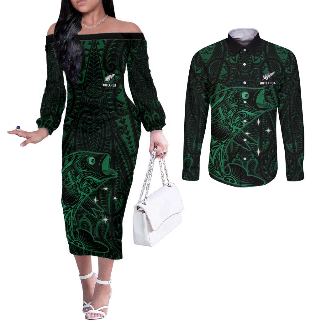 Custom New Zealand Fishing Couples Matching Off The Shoulder Long Sleeve Dress and Long Sleeve Button Shirt Maori Tribal Pattern LT05 Black - Polynesian Pride