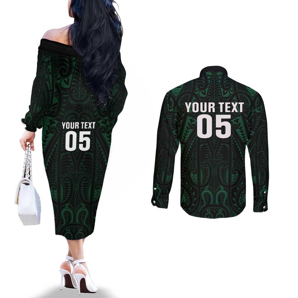 Custom New Zealand Fishing Couples Matching Off The Shoulder Long Sleeve Dress and Long Sleeve Button Shirt Maori Tribal Pattern LT05 - Polynesian Pride