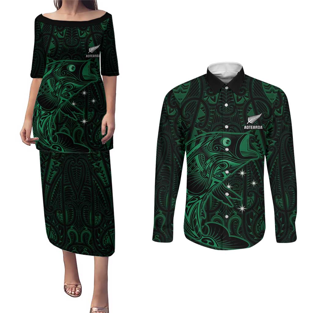 Custom New Zealand Fishing Couples Matching Puletasi and Long Sleeve Button Shirt Maori Tribal Pattern LT05 Black - Polynesian Pride