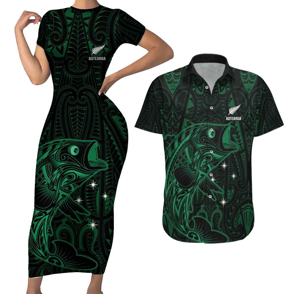 Custom New Zealand Fishing Couples Matching Short Sleeve Bodycon Dress and Hawaiian Shirt Maori Tribal Pattern LT05 Black - Polynesian Pride