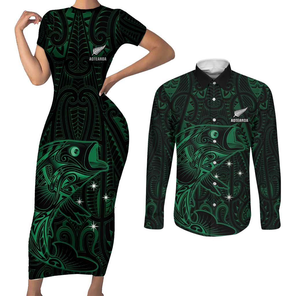 Custom New Zealand Fishing Couples Matching Short Sleeve Bodycon Dress and Long Sleeve Button Shirt Maori Tribal Pattern LT05 Black - Polynesian Pride