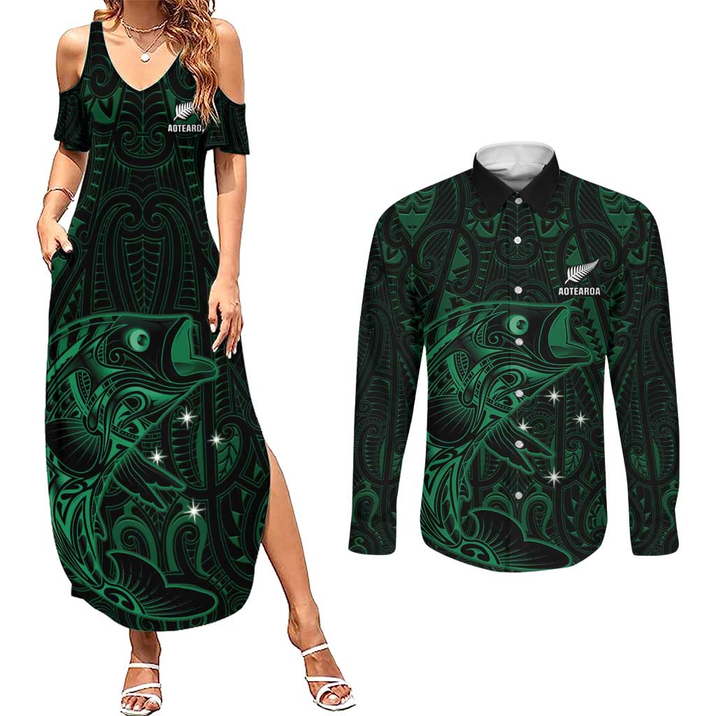 Custom New Zealand Fishing Couples Matching Summer Maxi Dress and Long Sleeve Button Shirt Maori Tribal Pattern LT05 Black - Polynesian Pride