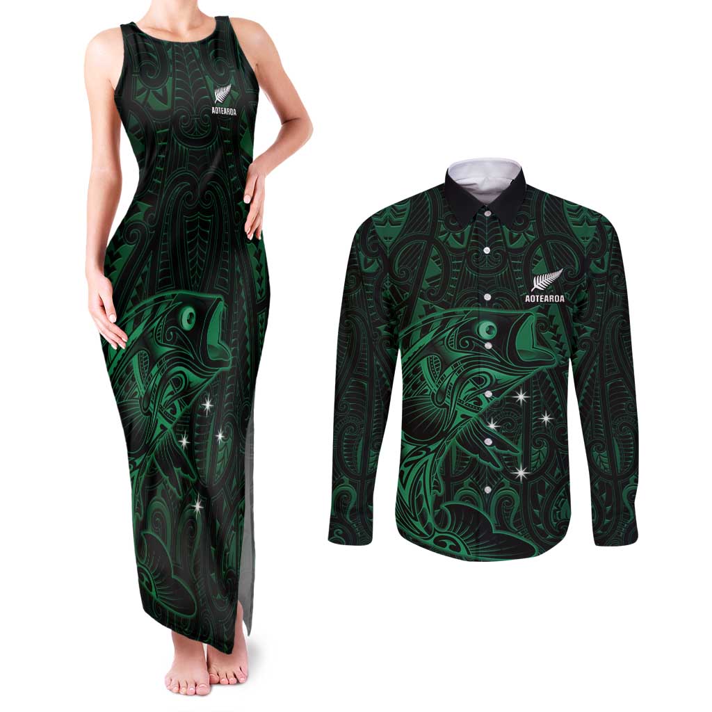 Custom New Zealand Fishing Couples Matching Tank Maxi Dress and Long Sleeve Button Shirt Maori Tribal Pattern LT05 Black - Polynesian Pride