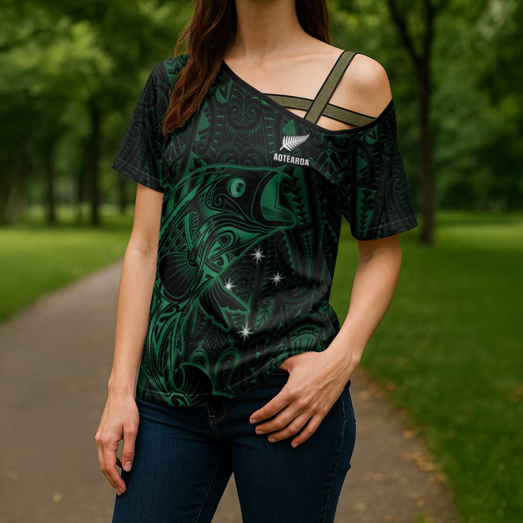 Custom New Zealand Fishing Cross Shoulder Shirt Maori Tribal Pattern - Polynesian Pride