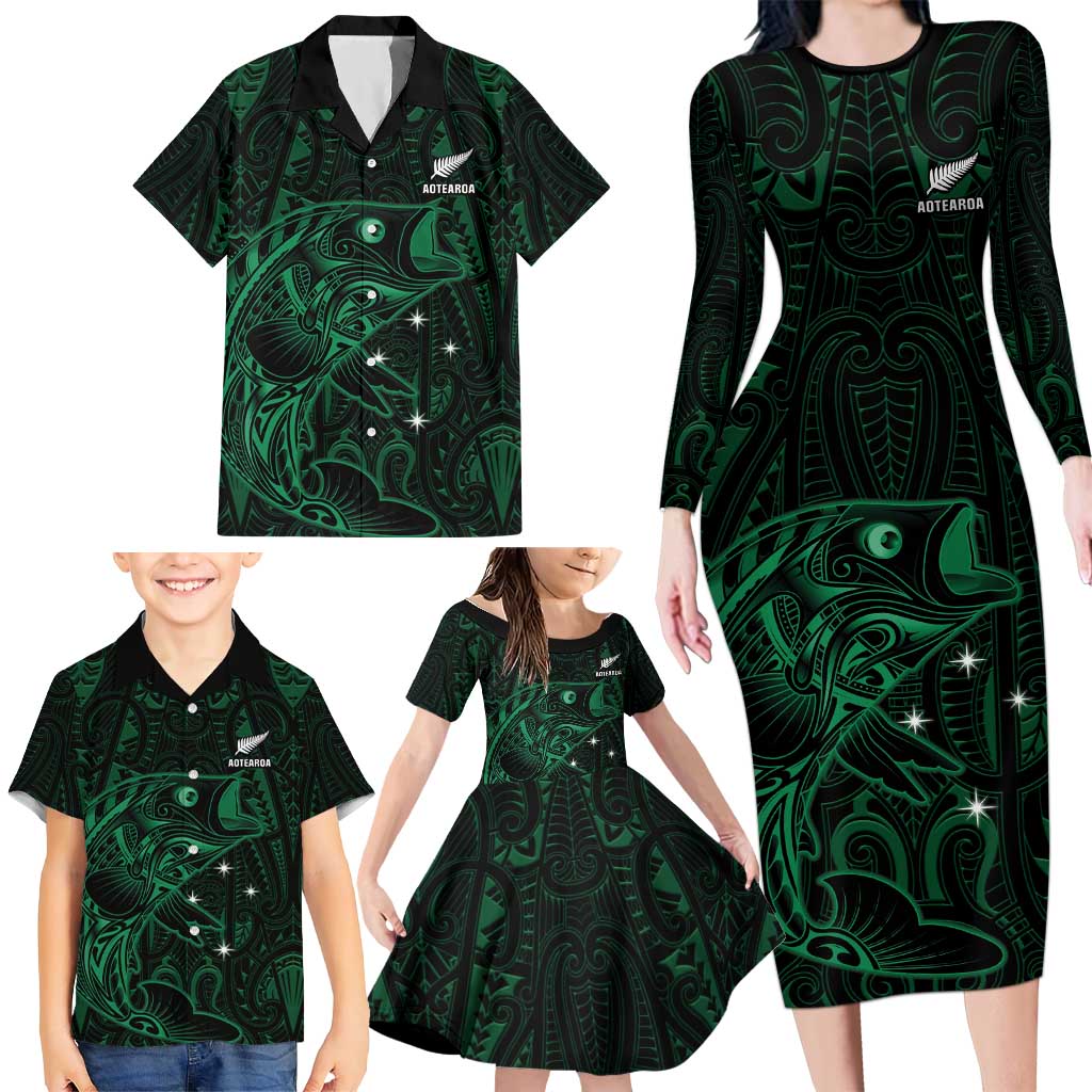 Custom New Zealand Fishing Family Matching Long Sleeve Bodycon Dress and Hawaiian Shirt Maori Tribal Pattern LT05 - Polynesian Pride