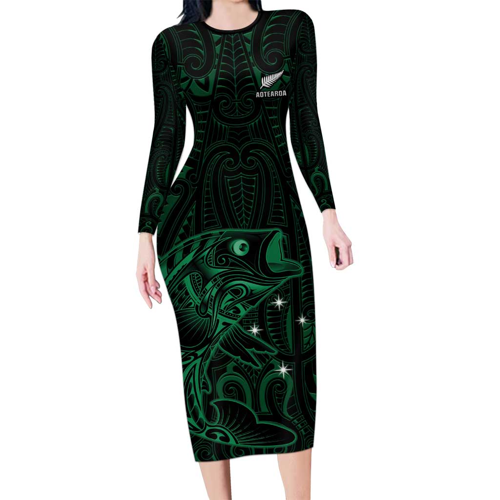 Custom New Zealand Fishing Family Matching Long Sleeve Bodycon Dress and Hawaiian Shirt Maori Tribal Pattern LT05 Mom's Dress Black - Polynesian Pride