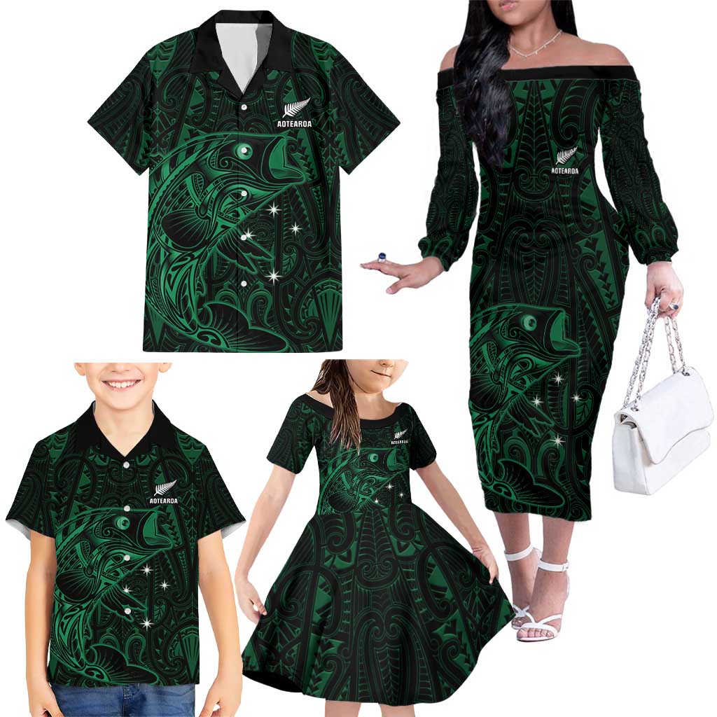 Custom New Zealand Fishing Family Matching Off The Shoulder Long Sleeve Dress and Hawaiian Shirt Maori Tribal Pattern LT05 - Polynesian Pride