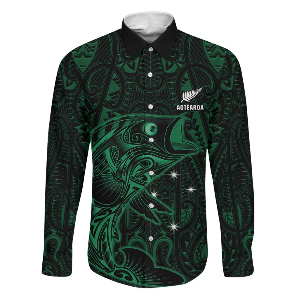 Custom New Zealand Fishing Family Matching Off Shoulder Maxi Dress and Hawaiian Shirt Maori Tribal Pattern LT05 Dad's Shirt - Long Sleeve Black - Polynesian Pride