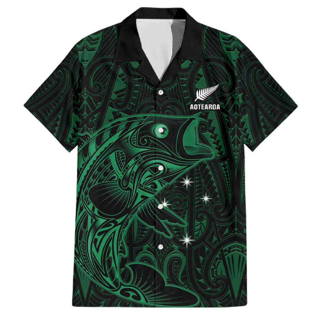 Custom New Zealand Fishing Family Matching Off Shoulder Short Dress and Hawaiian Shirt Maori Tribal Pattern LT05 Dad's Shirt - Short Sleeve Black - Polynesian Pride