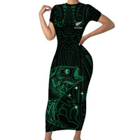 Custom New Zealand Fishing Family Matching Short Sleeve Bodycon Dress and Hawaiian Shirt Maori Tribal Pattern LT05 Mom's Dress Black - Polynesian Pride