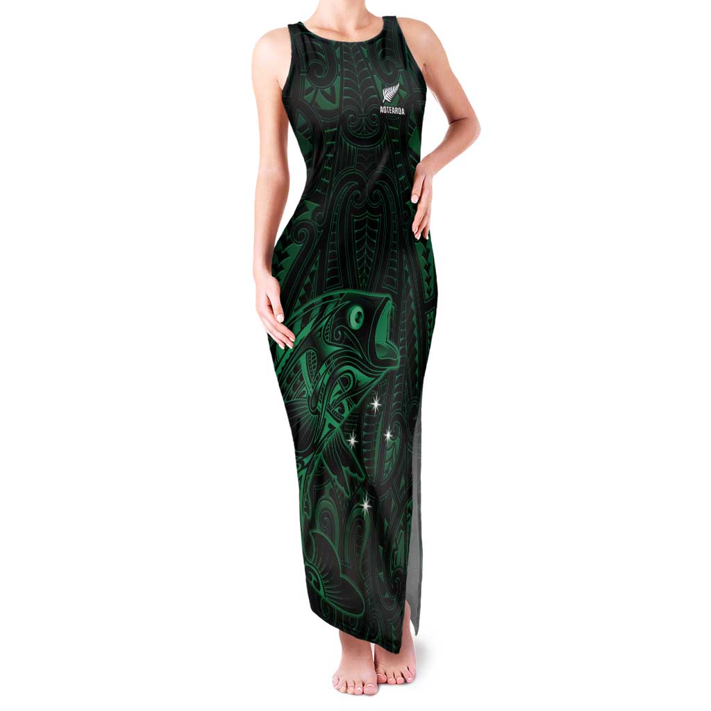 Custom New Zealand Fishing Family Matching Tank Maxi Dress and Hawaiian Shirt Maori Tribal Pattern LT05 Mom's Dress Black - Polynesian Pride