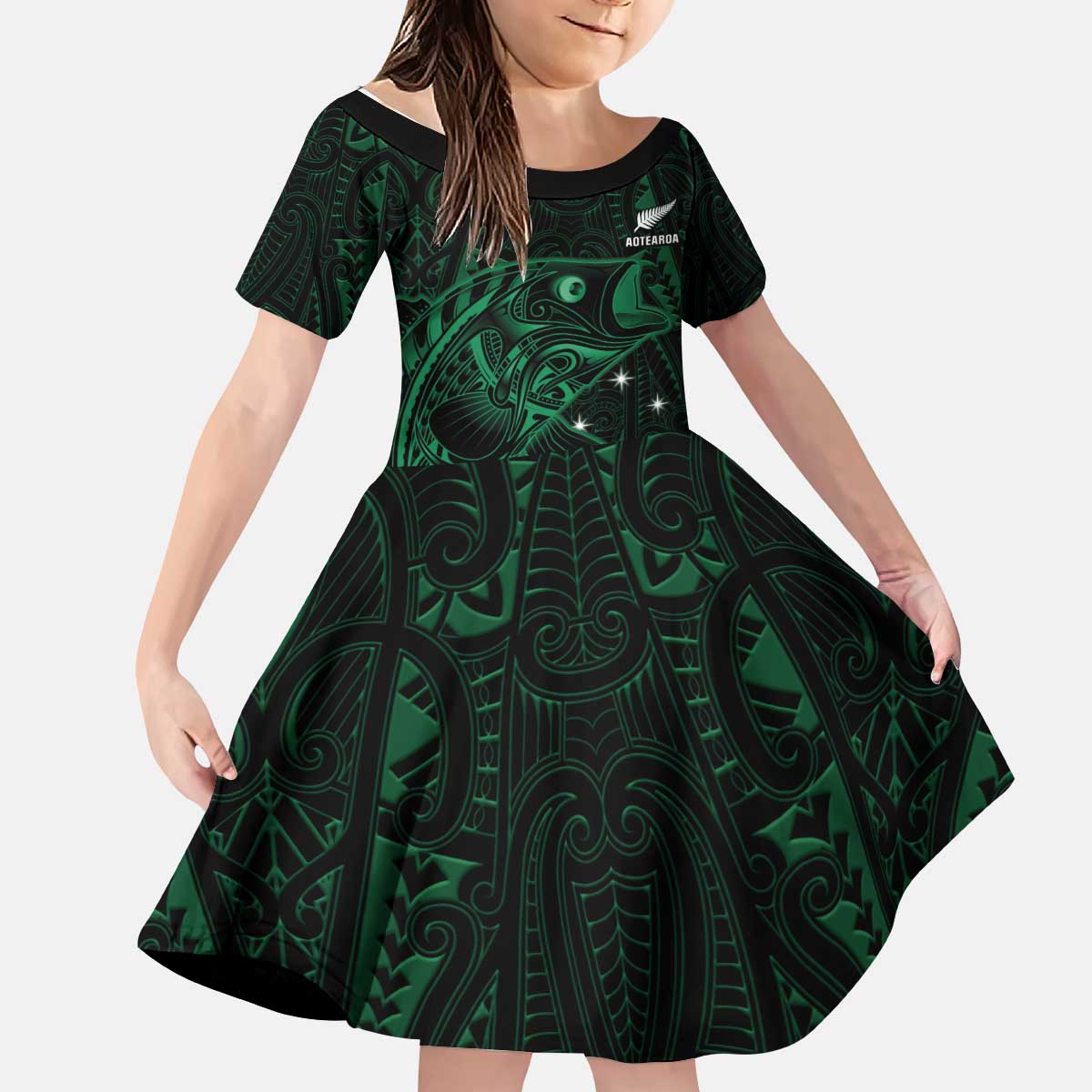 Custom New Zealand Fishing Kid Short Sleeve Dress Maori Tribal Pattern LT05 KID Black - Polynesian Pride