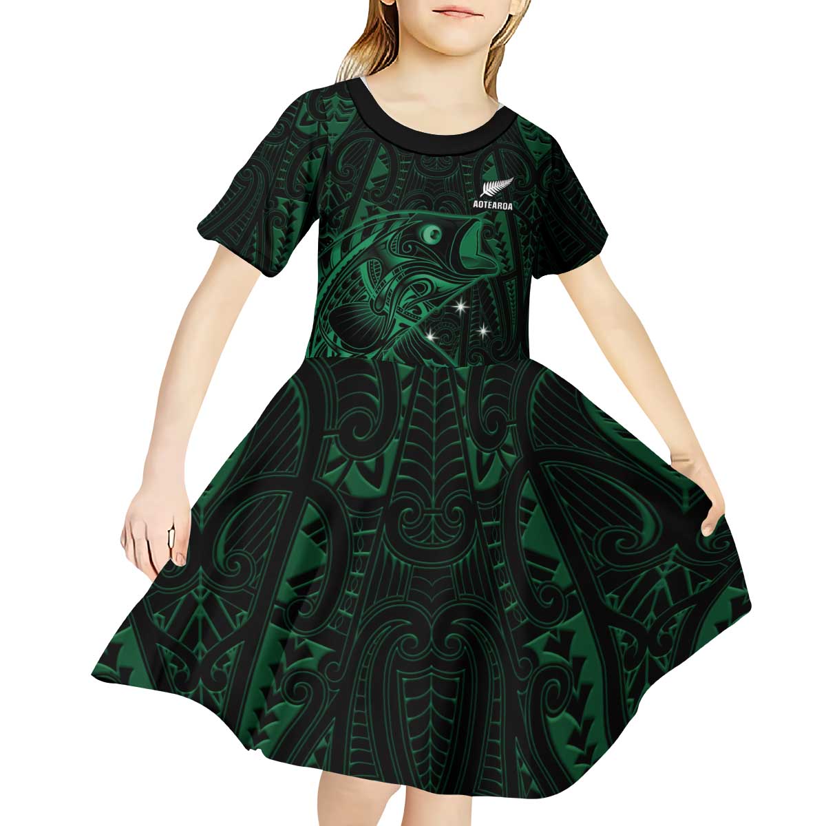 Custom New Zealand Fishing Kid Short Sleeve Dress Maori Tribal Pattern LT05 - Polynesian Pride