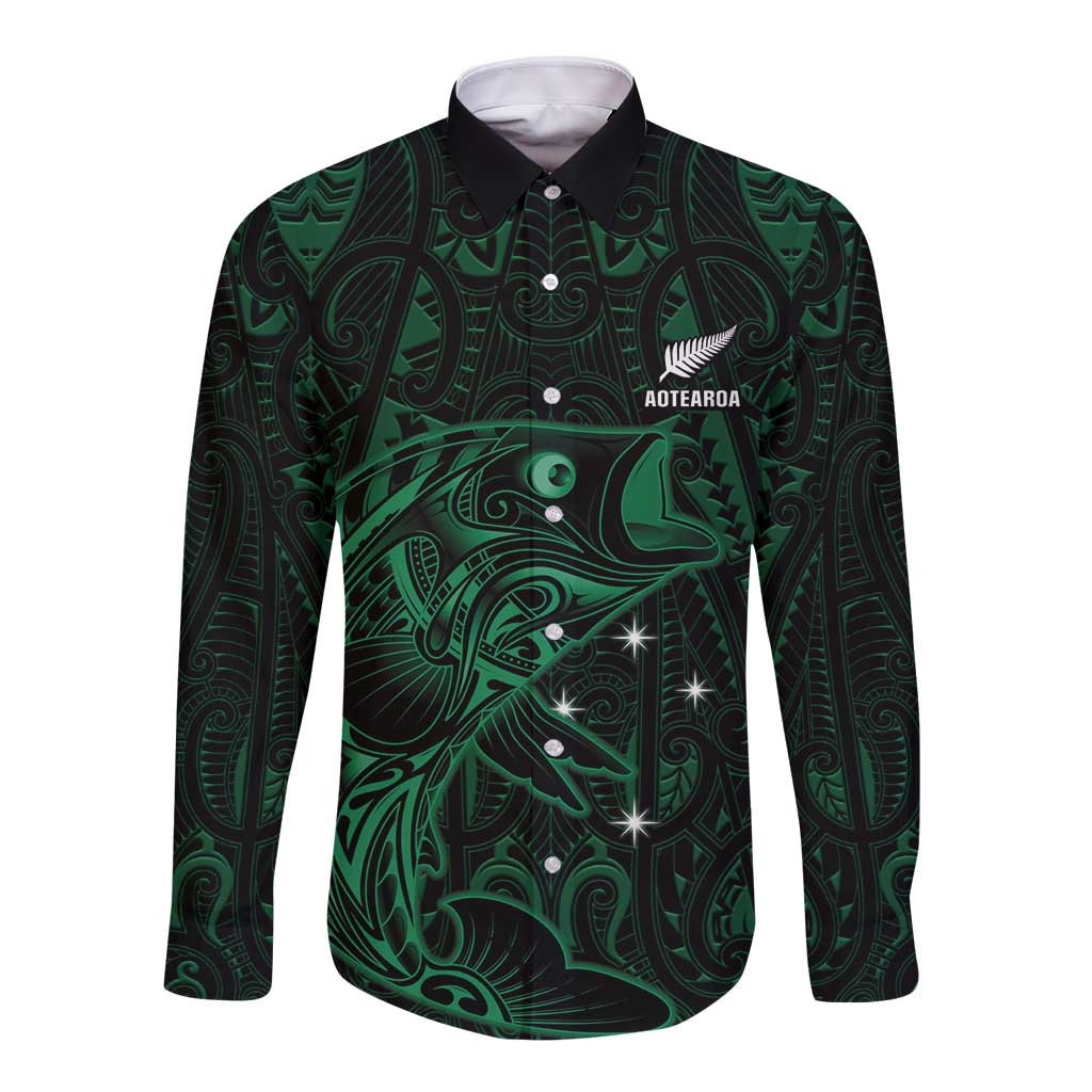 Custom New Zealand Fishing Long Sleeve Button Shirt Maori Tribal Pattern LT05 Unisex Black - Polynesian Pride