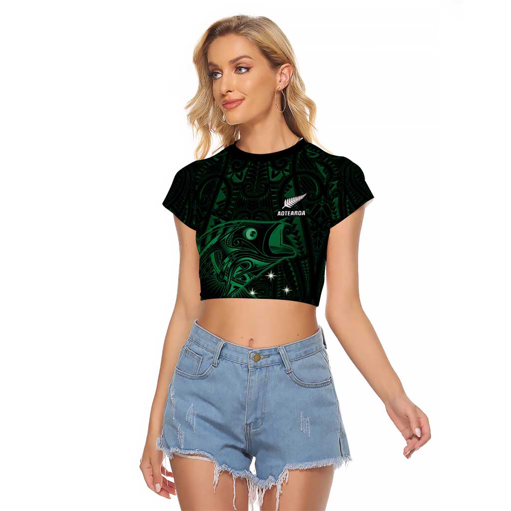 Custom New Zealand Fishing Raglan Cropped T Shirt Maori Tribal Pattern - Polynesian Pride