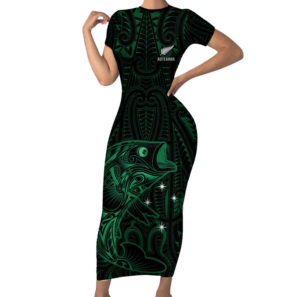 Custom New Zealand Fishing Short Sleeve Bodycon Dress Maori Tribal Pattern - Polynesian Pride