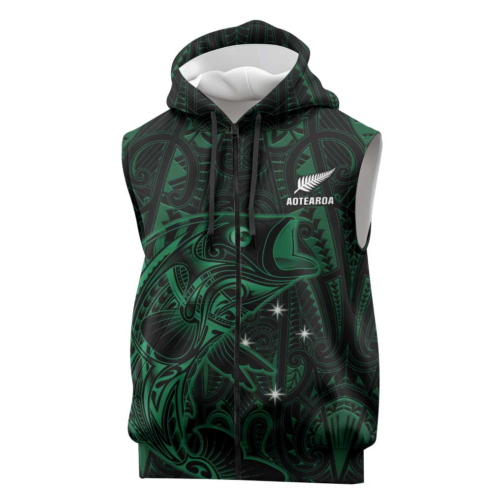 Custom New Zealand Fishing Sleeveless Zip Hoodie Maori Tribal Pattern LT05 Black - Polynesian Pride