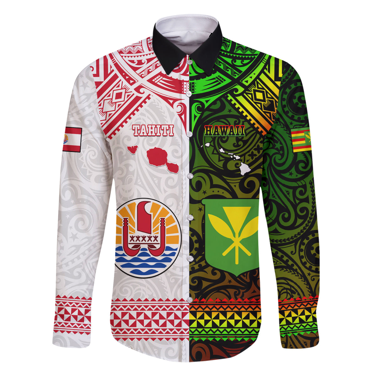 Custom Hawaii And Tahiti Family Matching Off Shoulder Maxi Dress and Hawaiian Shirt Coat Of Arms Polynesian Pattern LT05 Dad's Shirt - Long Sleeve Reggae - Polynesian Pride
