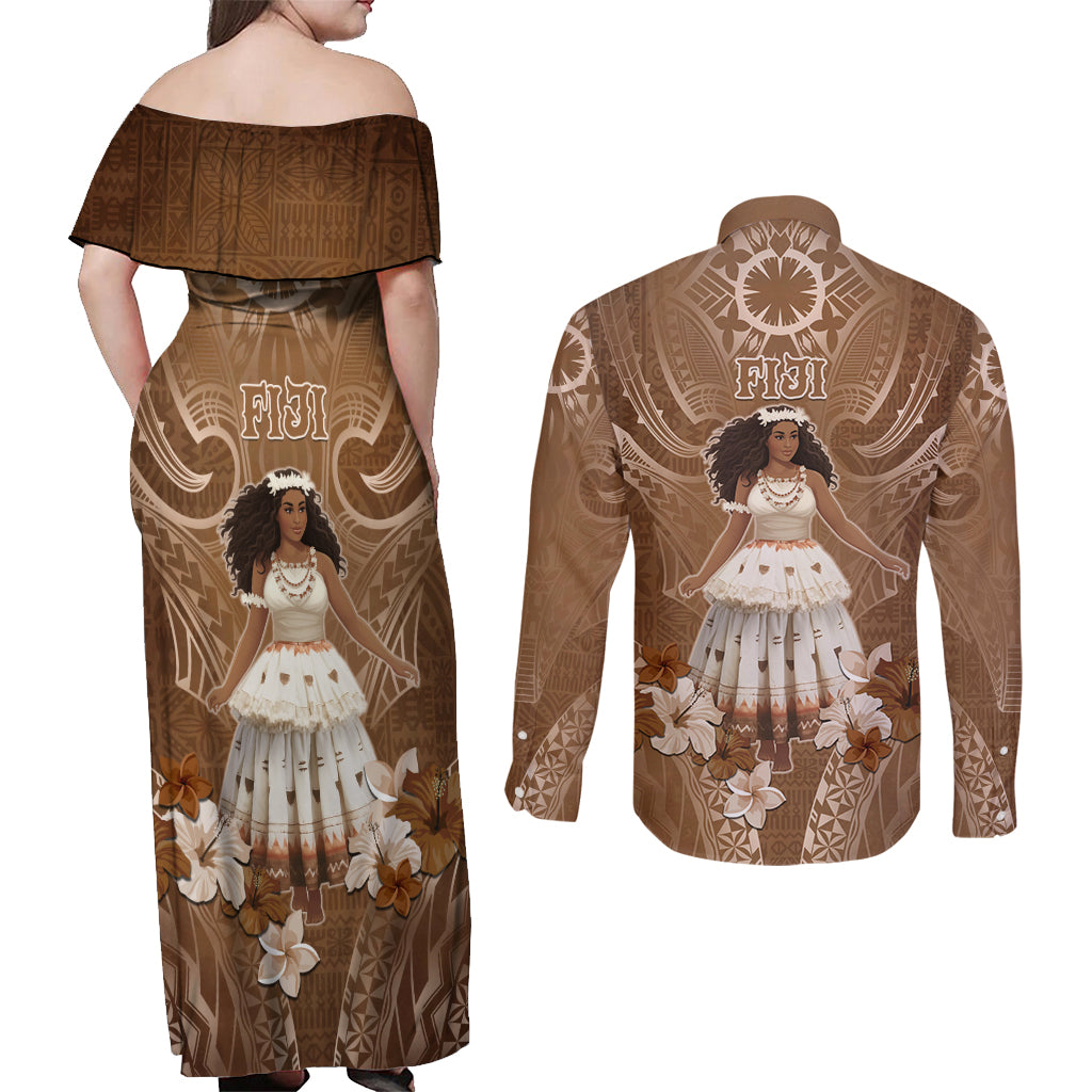Bula Fiji Women's Day Couples Matching Off Shoulder Maxi Dress and Long Sleeve Button Shirt With Fijian Tapa Pattern LT05 - Polynesian Pride
