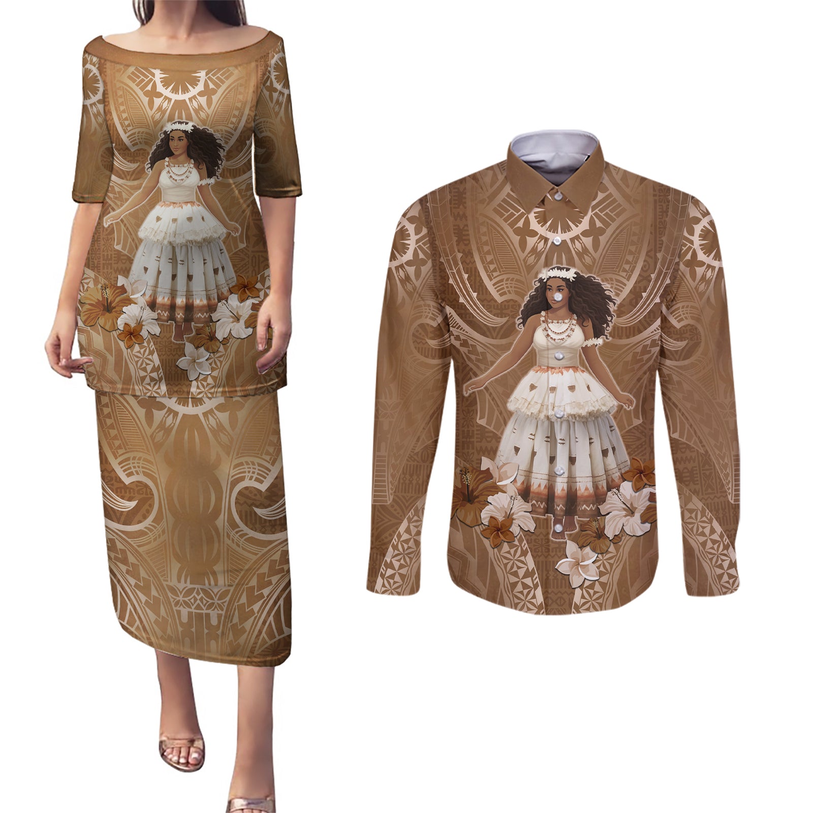 Bula Fiji Women's Day Couples Matching Puletasi and Long Sleeve Button Shirt With Fijian Tapa Pattern LT05 Brown - Polynesian Pride