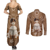 Bula Fiji Women's Day Couples Matching Summer Maxi Dress and Long Sleeve Button Shirt With Fijian Tapa Pattern LT05 - Polynesian Pride
