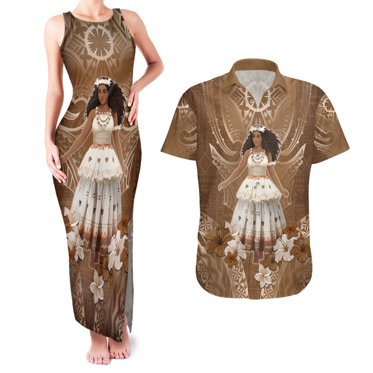 Bula Fiji Women's Day Couples Matching Tank Maxi Dress and Hawaiian Shirt With Fijian Tapa Pattern LT05 Brown - Polynesian Pride