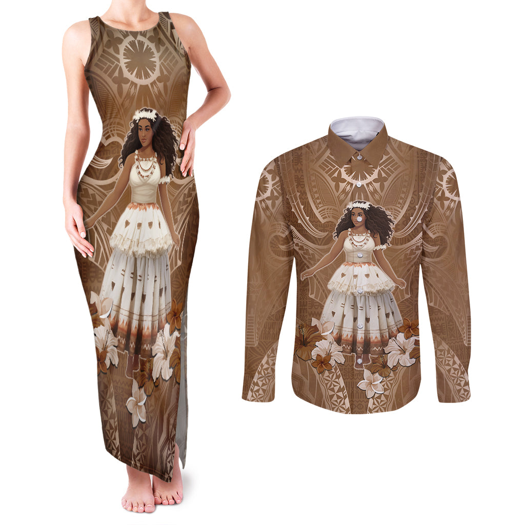 Bula Fiji Women's Day Couples Matching Tank Maxi Dress and Long Sleeve Button Shirt With Fijian Tapa Pattern LT05 Brown - Polynesian Pride