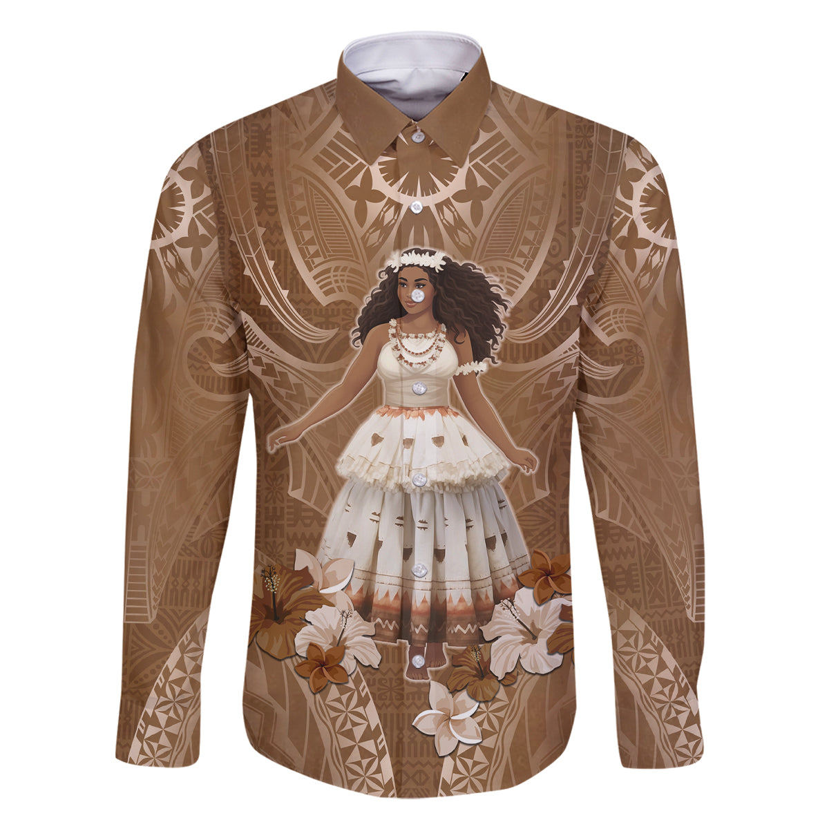 Bula Fiji Women's Day Family Matching Off Shoulder Maxi Dress and Hawaiian Shirt With Fijian Tapa Pattern LT05 Dad's Shirt - Long Sleeve Brown - Polynesian Pride