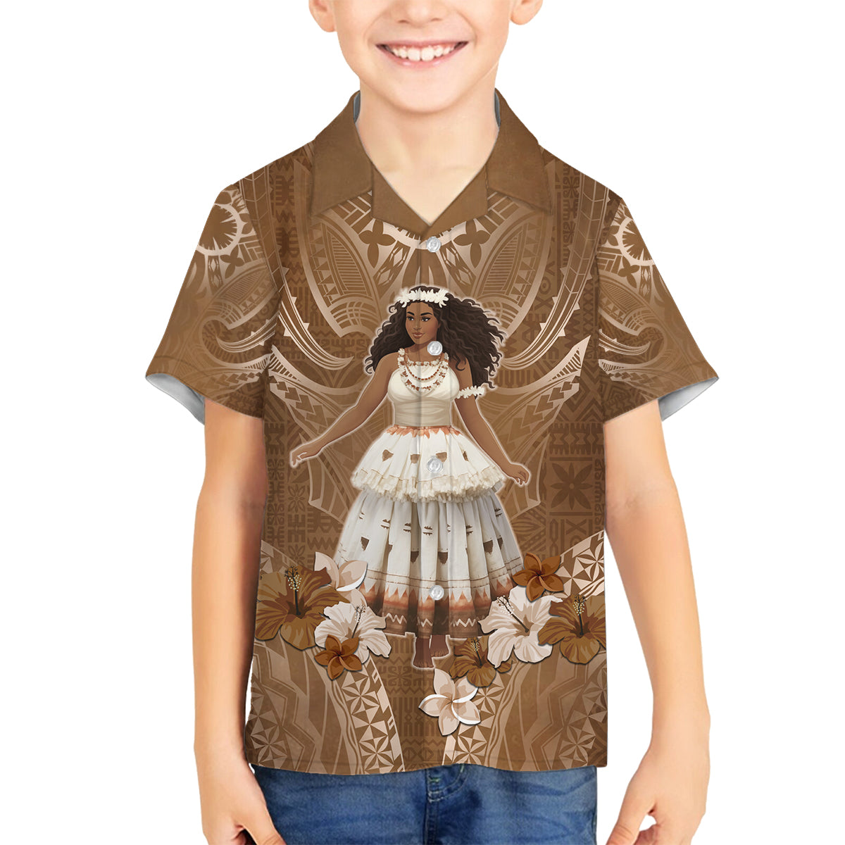 Bula Fiji Women's Day Family Matching Off Shoulder Maxi Dress and Hawaiian Shirt With Fijian Tapa Pattern LT05 Son's Shirt Brown - Polynesian Pride