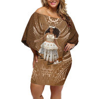Bula Fiji Women's Day Family Matching Off Shoulder Short Dress and Hawaiian Shirt With Fijian Tapa Pattern LT05 Mom's Dress Brown - Polynesian Pride